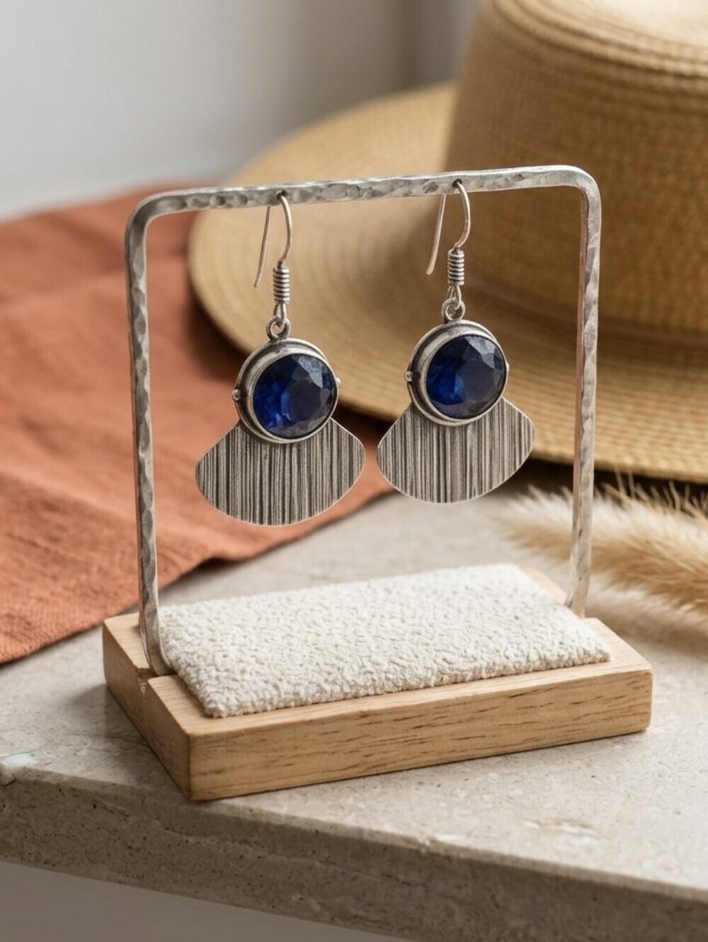 Silver Drop Earrings Blue Crystal 925 Sterling Textured Fan Artisan Boho 1.8" - Picture 13 of 17